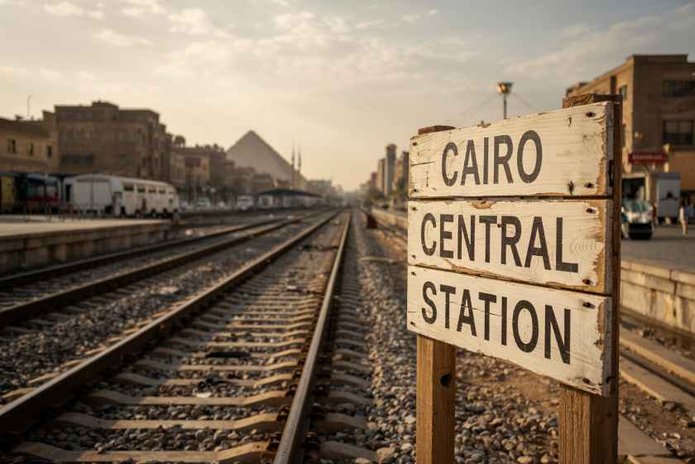 Tory kolejowe oraz tabliczka "Cairo central station"
